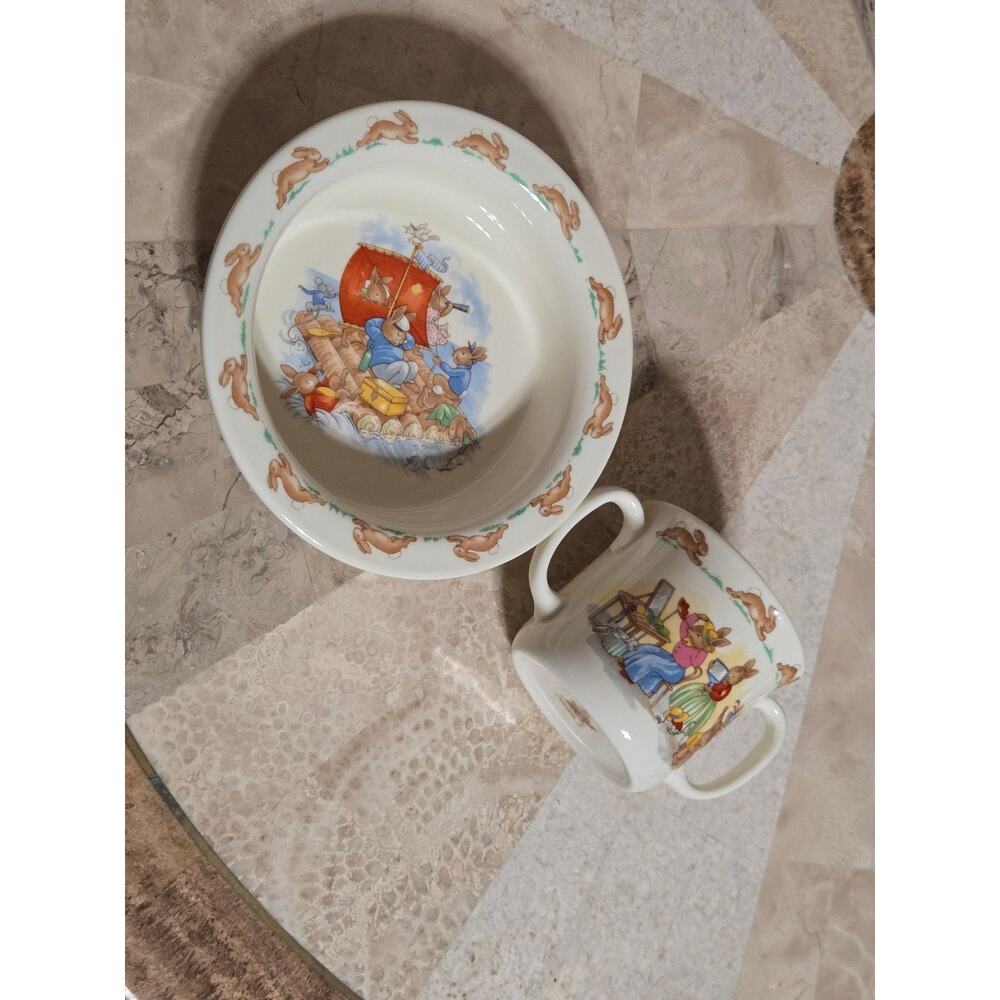 Vintage Royal Doulton Bunnykins 2-Piece Baby Nursery Set: Rafting Bowl and Two-H